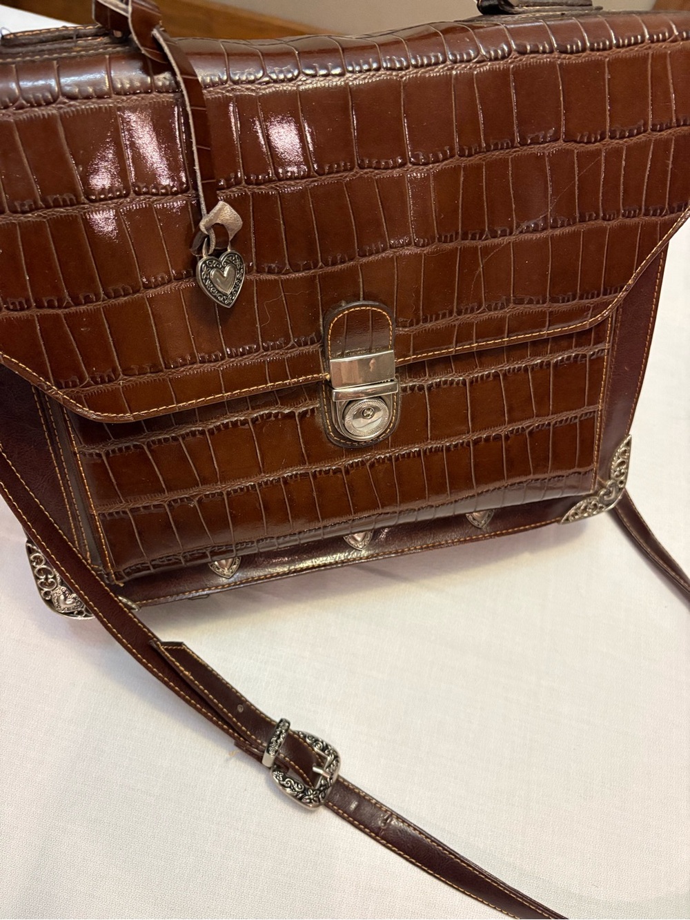Brown Croc-Embossed Structured Briefcase Crossbody Bag